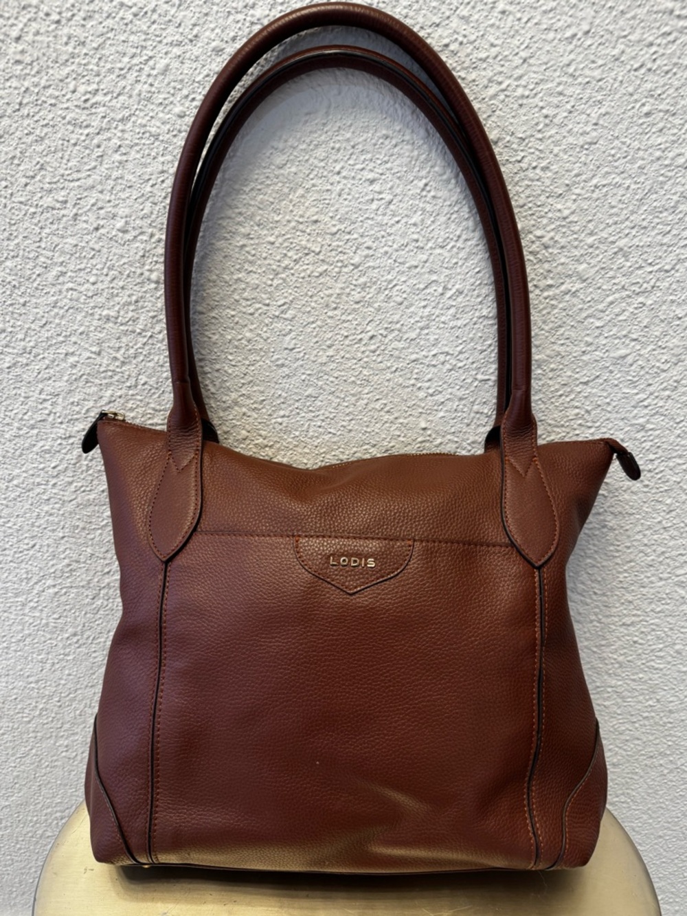 Lodis Leather Cognac Travel Tote Carry On Luggage Sleeve Shoulder Bag